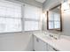 Bright bathroom with a wide window, white vanity, and a mirror with decorative lights at 4209 Converse Dr, Raleigh, NC 27609