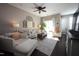 Bright living room features a sliding glass door, stylish furniture, and neutral color palette at 7213 Terregles Dr, Raleigh, NC 27617