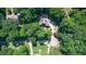 Overhead shot showcases the house amidst mature trees, surrounded by lush greenery at 9700 Pentland Ct, Raleigh, NC 27614