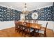 Formal dining room with hardwood floors, elegant chandelier, and designer wallpaper at 9700 Pentland Ct, Raleigh, NC 27614