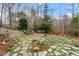 A serene backyard features stone steps, lush ground cover, and mature trees, offering a peaceful retreat at 10729 Trego Trl, Raleigh, NC 27614