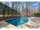 A sparkling swimming pool with stone border offers a refreshing escape surrounded by lush landscaping at 10729 Trego Trl, Raleigh, NC 27614