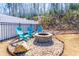 Private backyard features a fire pit area with comfortable seating and a stone surround, perfect for outdoor gatherings at 201 Bluffwood Avenue, Chapel Hill, NC 27516