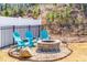 Inviting outdoor fire pit area with Adirondack chairs, perfect for relaxing evenings and enjoying the landscaped backyard at 201 Bluffwood Avenue, Chapel Hill, NC 27516