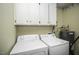 Functional laundry area features white appliances and ample overhead cabinet space at 45 Wimberly Ave, Rocky Mount, NC 27804
