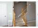 A carpeted staircase with wooden railings ascends to the upper level, bathed in natural light near the front door at 4905 Briarstone Ct, Raleigh, NC 27610