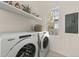 Bright laundry room with modern appliances, storage shelf and a view of the outdoors at 612 Lakeview Dr, Raleigh, NC 27603