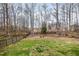 A lush backyard with well manicured grass, a wooden fence and two chairs at 1044 S Philwood Ct, Fuquay Varina, NC 27526
