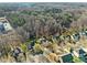 An aerial view shows beautiful houses and landscaping backing onto lush trees and wooded area at 1818 Buxton Way, Burlington, NC 27215