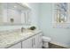 Bright bathroom featuring white cabinetry, granite countertops, and contemporary fixtures at 2046 Fellini Dr, Apex, NC 27502