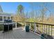Outdoor deck featuring a stainless steel grill, wood flooring, and views of the lush greenery at 2046 Fellini Dr, Apex, NC 27502