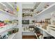 Organized pantry with white shelving containing food items and small appliances for accessible storage at 2046 Fellini Dr, Apex, NC 27502