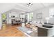 Bright, open living area featuring hardwood floors, modern decor, and seamless flow into the kitchen and dining spaces at 2816 Cascadilla St, Durham, NC 27704