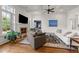 Comfortable living room featuring a brick fireplace, and large windows at 3204 Cobblestone Ct, Raleigh, NC 27607