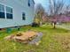 Backyard includes sandbox surrounded by rocks and decorative flowers with a hammock in the background at 3609 Kilgo Dr, Durham, NC 27705