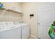 Functional laundry room with white washer and dryer, shelving, and a convenient access door at 3609 Kilgo Dr, Durham, NC 27705