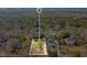 Real estate aerial view highlighting property lines, lush trees, and charming houses in quiet neighborhood at 527 N Main St, Wake Forest, NC 27587
