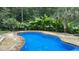 Secluded kidney-shaped pool features mature landscaping and surrounding patio area for ultimate relaxation at 5640 Bella Terra Ct, Wake Forest, NC 27587