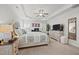 Bright bedroom boasts a tray ceiling, plantation shutters, and comfortable furnishings at 310 Macallan, Burlington, NC 27215