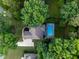 Overhead view of a property with a large backyard featuring a swimming pool surrounded by mature trees at 3421 Griffice Mill Rd, Raleigh, NC 27610