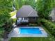 Aerial view of a backyard with a pool, patio, and lush landscaping surrounding the property at 3421 Griffice Mill Rd, Raleigh, NC 27610