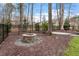 Cozy stone fire pit area in a landscaped backyard with mature trees, perfect for outdoor gatherings at 3421 Griffice Mill Rd, Raleigh, NC 27610