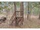 Rustic backyard treehouse play structure with wooden platform, ladder, and rope toys at 3421 Griffice Mill Rd, Raleigh, NC 27610