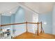 Second floor hallway with wooden banister overlooks the kitchen area below at 509 Edgemore Ave, Cary, NC 27519