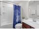 Bathroom featuring a vanity, toilet, tub and shower with curtain at 515 Autumn Cure Ct, Fuquay Varina, NC 27526