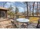 Outdoor living space on a spacious deck, perfect for entertaining with seating, table, and wooded views at 5315 Cole Mill Rd, Durham, NC 27705