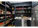 Walk-in pantry with custom shelving, a sink, and stainless steel refrigerator at 909 Lake Boone Trl, Raleigh, NC 27607