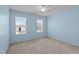 Bedroom with blue walls, two windows, and neutral carpet, freshly painted and bright at 9117 Cornwell Dr, Wake Forest, NC 27587