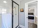 Tiled shower stall with glass door at 132 Mantle Dr, Clayton, NC 27527