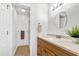 Bathroom boasts a vanity with a decorative countertop and a walk-in shower at 1500 Allen Ln, Hillsborough, NC 27278