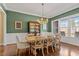 Formal dining room featuring hardwood floors, wainscoting, and a stylish chandelier at 1705 Yates Pond Way, Raleigh, NC 27606