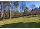 Lawn in backyard featuring trees and vegetation, creating a peaceful outdoor setting at 213 Yellow Poplar Ave, Wake Forest, NC 27587