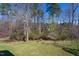 Backyard view features mature trees, a grassy lawn, and a wood pile at 213 Yellow Poplar Ave, Wake Forest, NC 27587