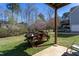 Relaxing backyard seating area and a neatly stacked woodpile at 213 Yellow Poplar Ave, Wake Forest, NC 27587