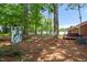 This backyard boasts a playhouse, lush trees, and an outdoor deck, perfect for Gathering fun at 2968 Tram Rd, Fuquay Varina, NC 27526