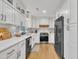 Modern kitchen with white cabinets, stainless steel appliances, gray backsplash, and wooden accents at 305 Dickens Rd, Fuquay Varina, NC 27526