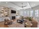 Bright living room featuring a stone fireplace, built-in shelving, and large windows at 1001 Welch Ln, Raleigh, NC 27614