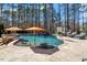 Resort-style pool with umbrellas, lounge chairs, and a waterfall feature surrounded by trees at 1001 Welch Ln, Raleigh, NC 27614