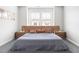 Bright main bedroom featuring large window, contemporary bed and wooden bedside tables at 1019 Navigon Dr, Durham, NC 27713