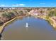 Scenic aerial view of a community pond with fountains, surrounded by trees and residential buildings at 10421 Rosegate Ct # 303, Raleigh, NC 27617