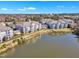 Aerial view of lakeside apartments with serene water views and well-maintained landscaping under a bright sky at 10421 Rosegate Ct # 303, Raleigh, NC 27617