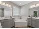 Bright bathroom featuring double vanity, soaking tub, and neutral gray walls at 1564 Highpoint St, Wake Forest, NC 27587