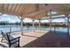 Covered outdoor patio with wooden floors and scenic lake views, perfect for relaxing or entertaining guests at 1564 Highpoint St, Wake Forest, NC 27587