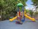 A bright playground features a yellow double slide, a green play structure, and safe blue rubber flooring at 200 Indian Branch Dr, Morrisville, NC 27560