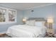 Tranquil bedroom with light blue walls, plush bedding, and a sunlit window, perfect for relaxation at 205 W Markham Ave, Durham, NC 27701