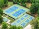 Aerial view of well-maintained tennis courts surrounded by lush greenery in a community at 2224 Karns Pl, Raleigh, NC 27614